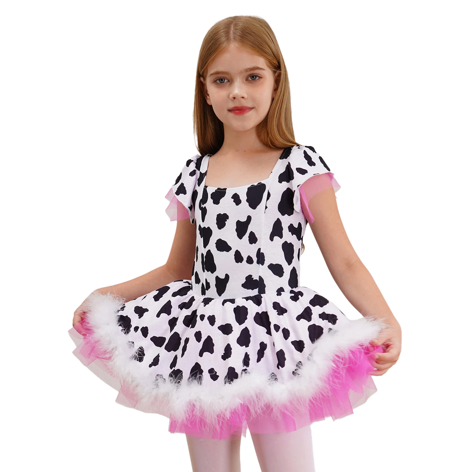 Kids Girls Halloween Western Cowgirl Cosplay Costume Square Neck Short Sleeve Cow Prints Dress Rodeo Party Carnival Dress Up