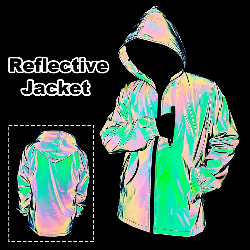 Men's Night Reflective Windproof Hooded Jacket Hip-hop Streetwear Couple Trend Coat for Outdoor Cycling Jogging Safety Clothing
