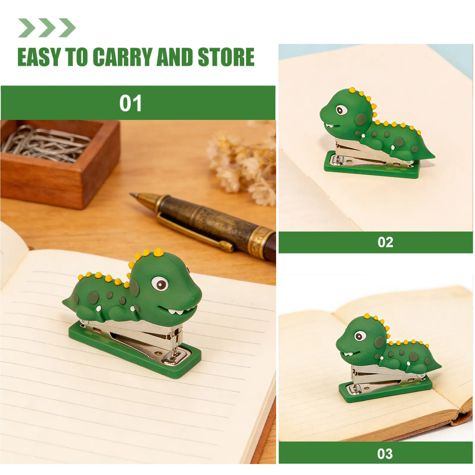 미니 공룡 스테이플러 실리콘 재사용 가능한 장 사무실 스테이플러 가정 여행용 데스크탑 종이 스테이플링 도구 귀여운 스테이플러