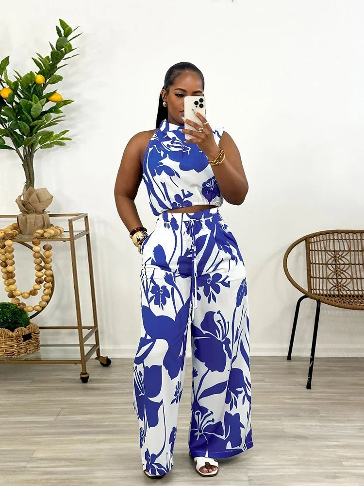 Wmstar Women Two Piece Set Printed High Collar Vest Wide Leg Pants Casual Suit Summer Trousers Sleeveless Tank Tops Outfits