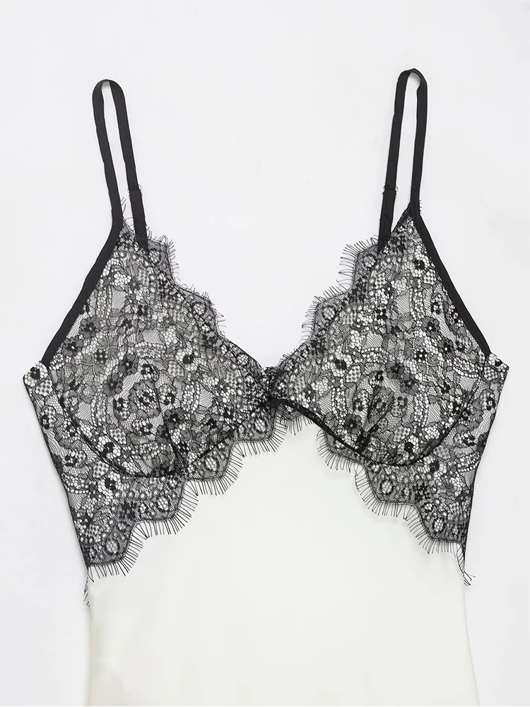 Sexy Women V-neck Satin Sling Long Dress Chic Lace Splice Summer Sleeveless Backless Slim Gowns Summer Elegant Party Dresses ﻿ ﻿