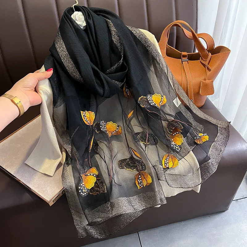 

70X190CM New Women Pearl Manual Embroidery Plant Flower Silk Scarves Luxury Plain Soft Wool Mulberry Silk Scarf Big Shawl