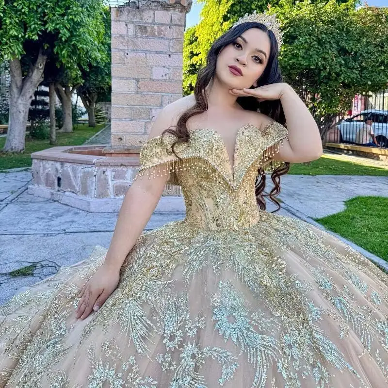 Champagne Shiny Ball Gown Quinceanera Dresses Sequin Gold Appliques Lace Beads Crystal Tull Vestidos 15 De XV A&ntilde;os Sweet 16