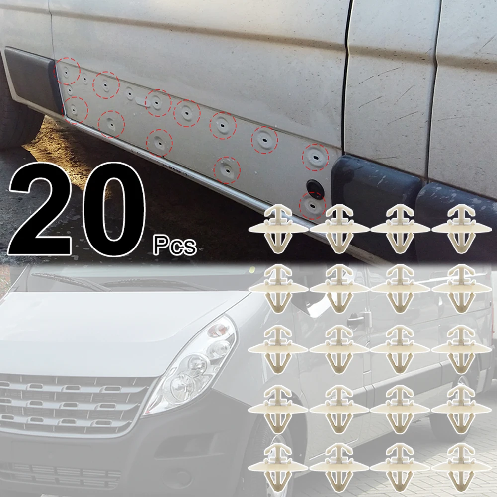 20 Pz Per Nissan Primastar 2001 - 2014 Interstar Nv400 Opel Vauxhall Vivaro Movano Car Side Body Modanatura Ribattino Inferiore Trim Clips