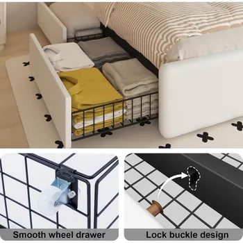 Full Bed Frame with 4 Storage Drawers and Adjustable Headboard, Upholstered Platform Bed with LED Lights and USB Ports, Solid Wo 4