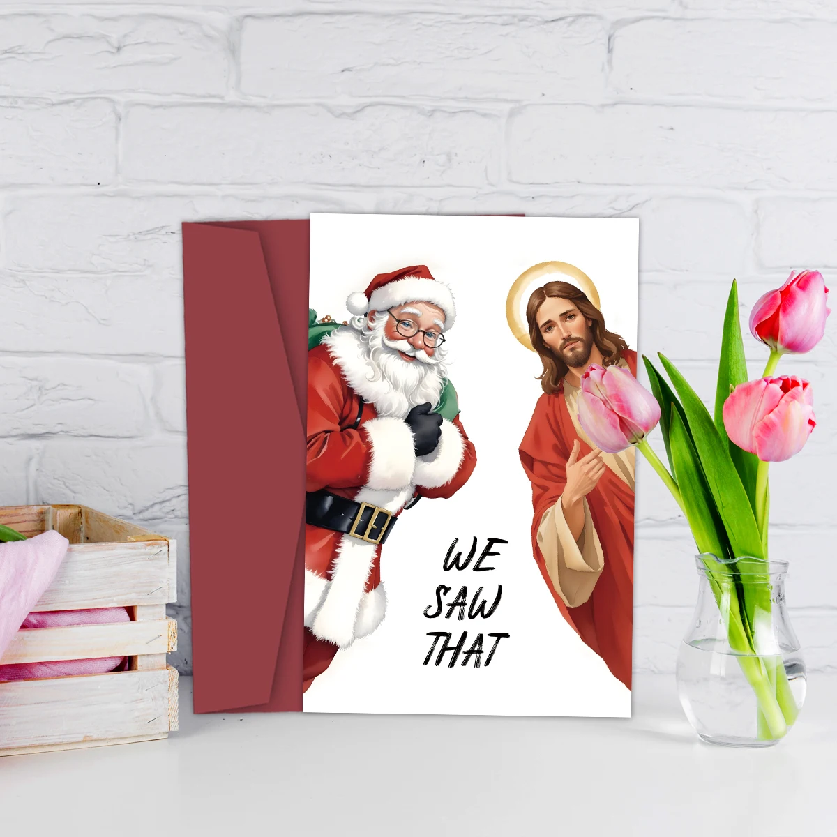 Lustige jesus und santa weihnachts karte für ihn sie, wir sahen, dass, niedliche weihnachts gruß karte für freund familie, christliche geschenk karten – Detail 10