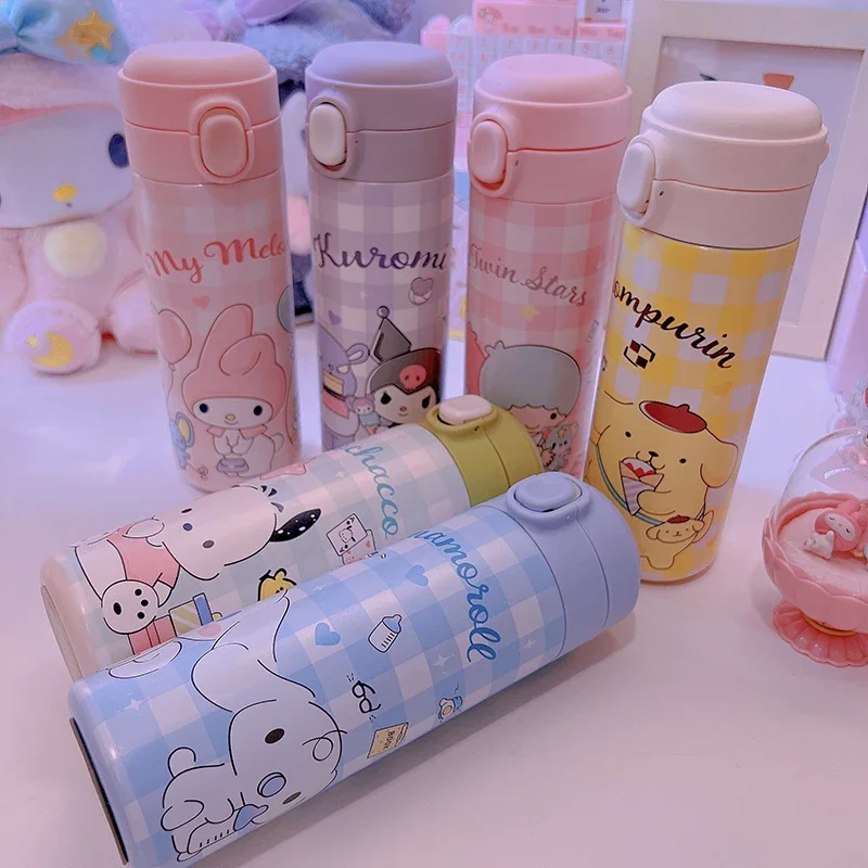 

Sanrio Kawaii Thermos Cup Hello Kitty Water Bottles Cinnamoroll Anime Cartoon Portable Plaid Dual-Purpose Cup Cute Girl Gift