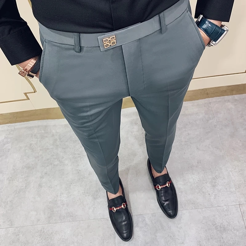 용수철 남성용 한국 슬림핏 발목 길이 바지, 캐주얼 스트리트웨어, 하이 퀄리티 블랙 그레이 카키 원피스 세트 바지, 2025