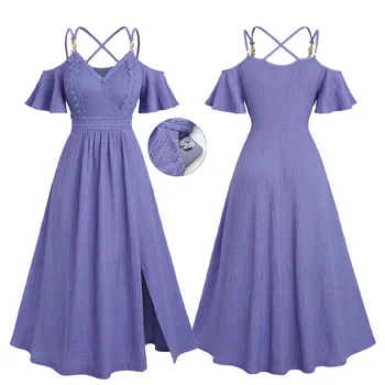 Plus Size Purple Cold Shoulder Dresses Women Casual Lace Trim Textured Split Pocket Crisscross Strappy A Line Maxi Dress