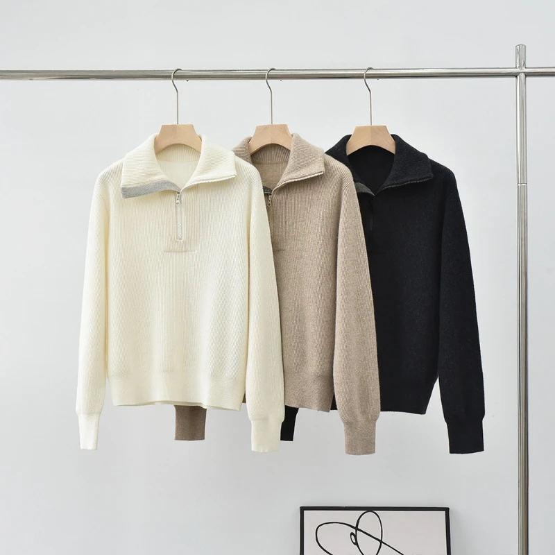

New Winter 100% Cashmere Lapel Rib Casual Pullover Knitted Thickened Sweater