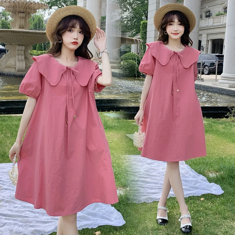 

Summer Maternity A-Line Dress Solid Color Short Sleeve Ruffle Peter Pan Collar Pregnant Woman Knee-length Cotton Dress Wholesale
