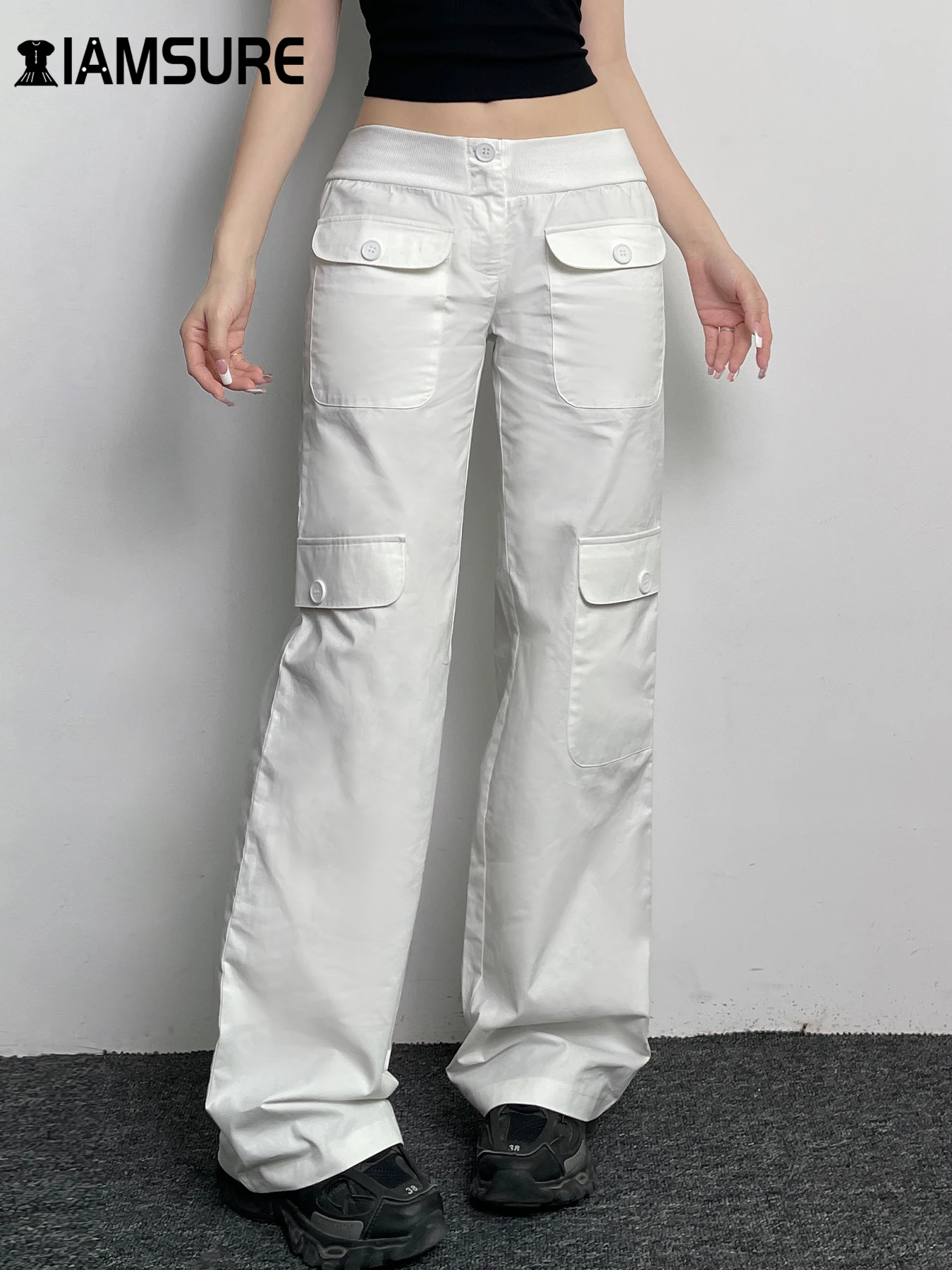 IAMSURE Casual Low-Waisted Pockets Pants Safari Style Loose Big Pockets Wide Leg Pants Women 2024 Summer Fashion Streetwear Lady