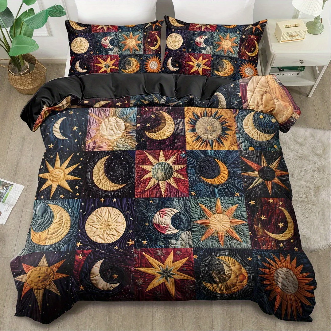 2/3Pcs Sun and Moon Print Duvet Cover Set, King Queen Size Polyester Bedding with Pillowcases, Machine Washable for Bedroom