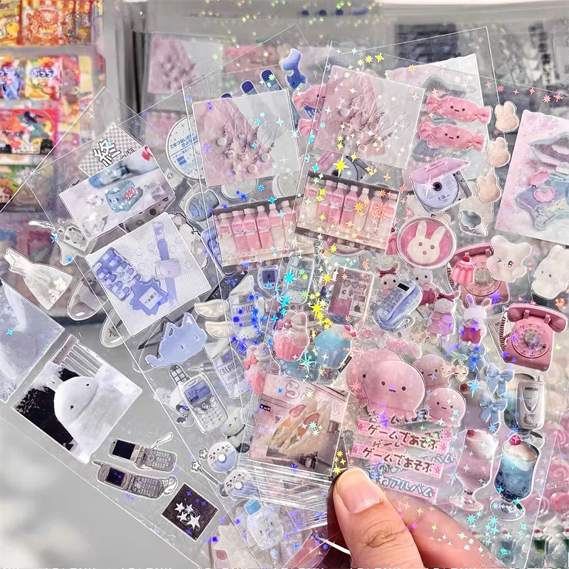 9pcs 글리터 플래시 Y2K 스티커 귀여운 탑로더 저널링 데코 스티커 (휴대폰 카메라 레이저 카와이 스티커 선물)