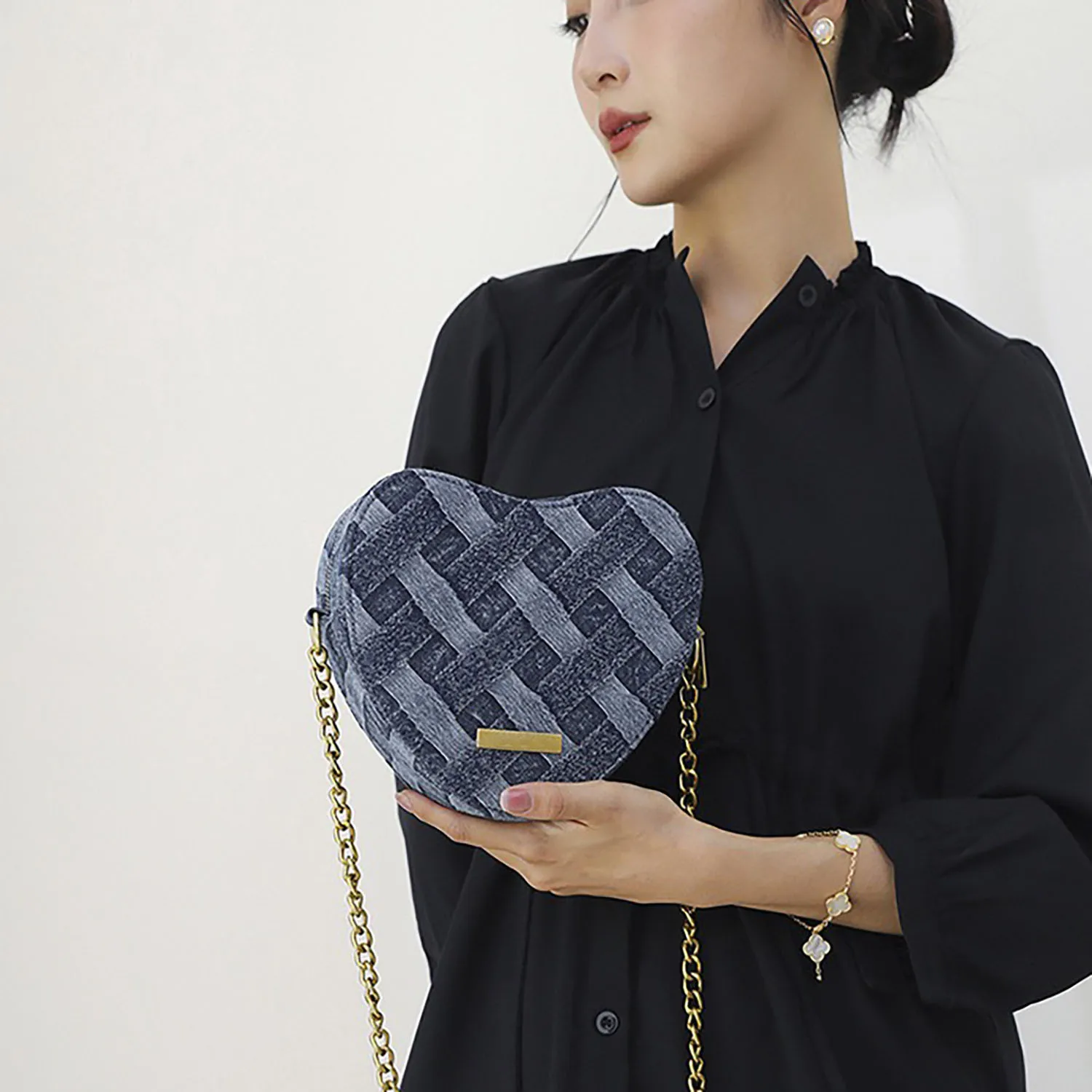 Women's Splicing Cowboy Weave Heart Shaped K-G Sewing Fashion Chain Bag Shoulder Bag