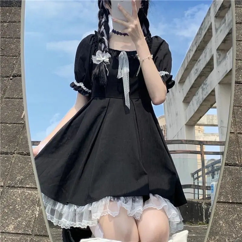 

Gothic Lolita Dress Women Goth Harajuku Cute Lace Black Puff Sleeve Short Dresses School Jk 2023 Summer Girls