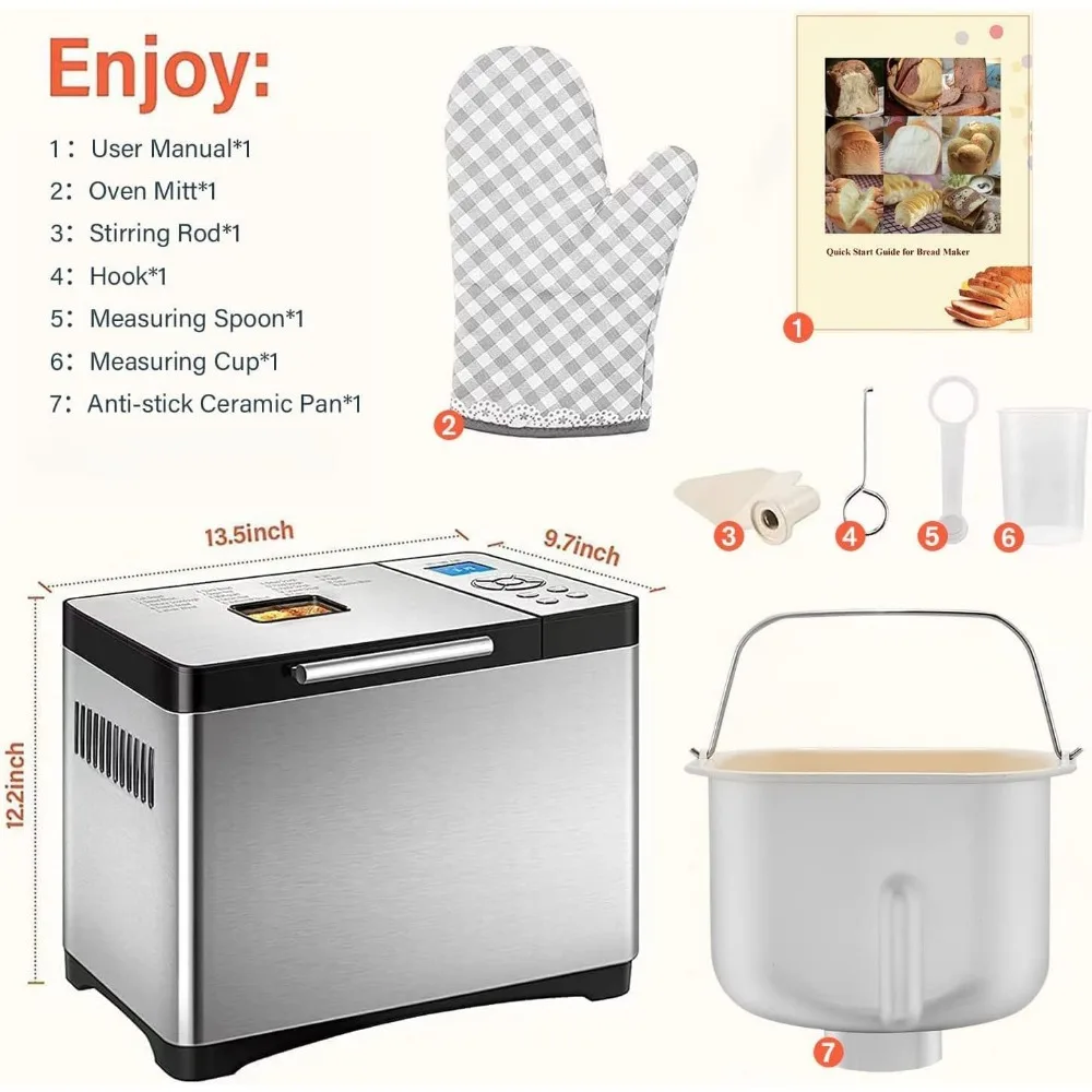 2LB Bread Maker, 19-in-1 Automatic Bread Machine Stainless Steel with Ceramic Pan, 15H Timer & 1H Keep Warm 6