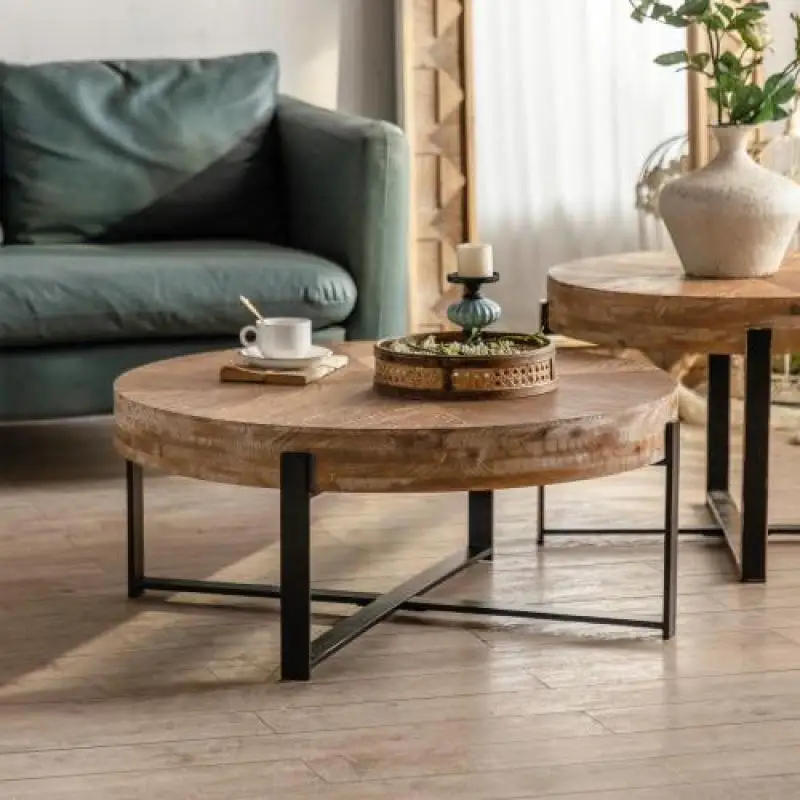 

Modern Retro Splicing Round Coffee Table, Fir Wood Table Top with Black Cross Legs Base