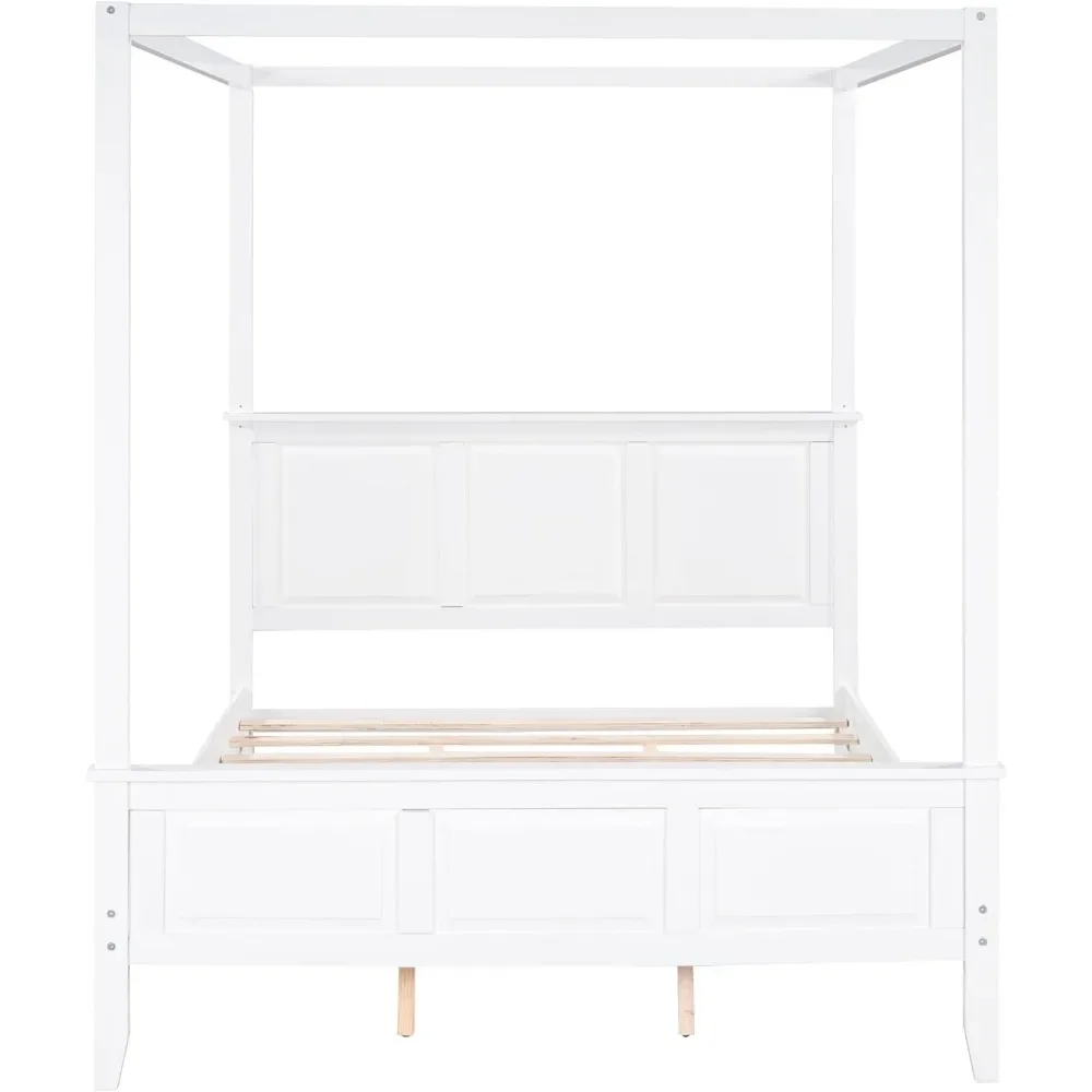 Solid Wood Queen Size 4-Post Canopy Platform Bed with Headboard and Footboard,Center Support Legs, Suitable for Curtains 6