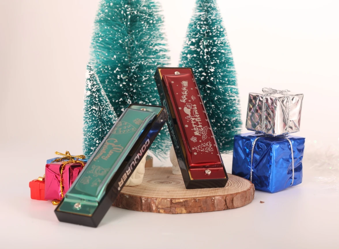 Christmas Gift 10 hole bules harmonica 2pcs set red and green for kids friends festival as gifts