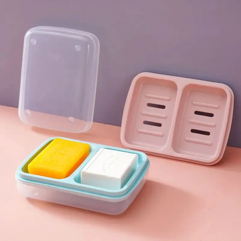 Double Grid Soap Dish with Lid Creative Portable Soap Box Drain Soap Storage Case Bathroom Accessories