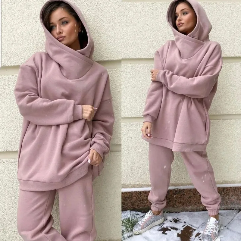 

Casual Women Tracksuit Set Autumn Winter Warm Two Piece Set Oversize Hoodie Sweatshirt And Pants Suit Outfit Fleece-lined Suit