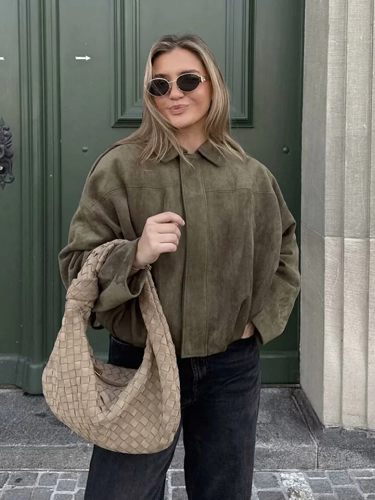 Women Green Suede Jacket 2026 New Spring Fashion Long Sleeve Zipper Oversize Bomber Jackets Chic Female Street Casual Coats ﻿