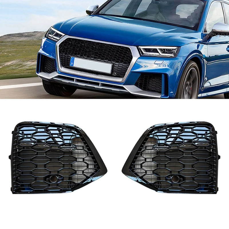 

1 Pair Car Glossy Black Honeycomb Front Bumper Fog Light Cover Bezel Racing Grille For Q5 2021 2022 RS Style