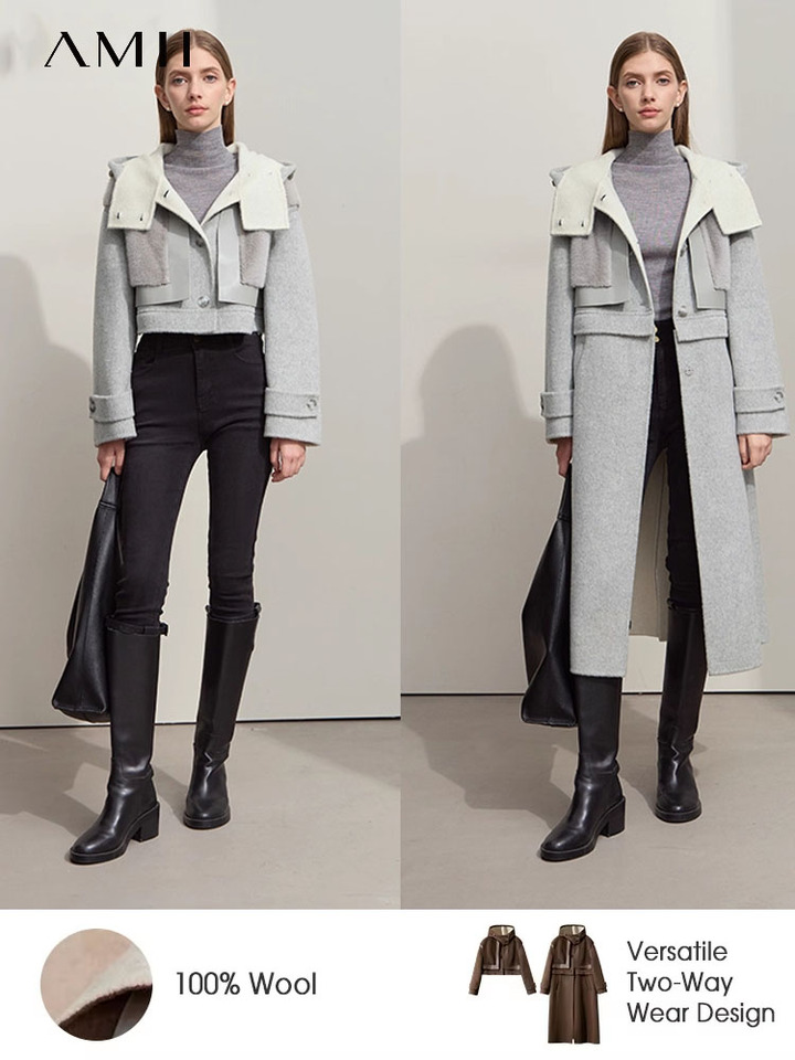 Amii Minimalist 2025 Winter Women's Jacket Hooded Splicing Zipper PU Leather Loose Long Coat Two Wear Wool Coats 12444138