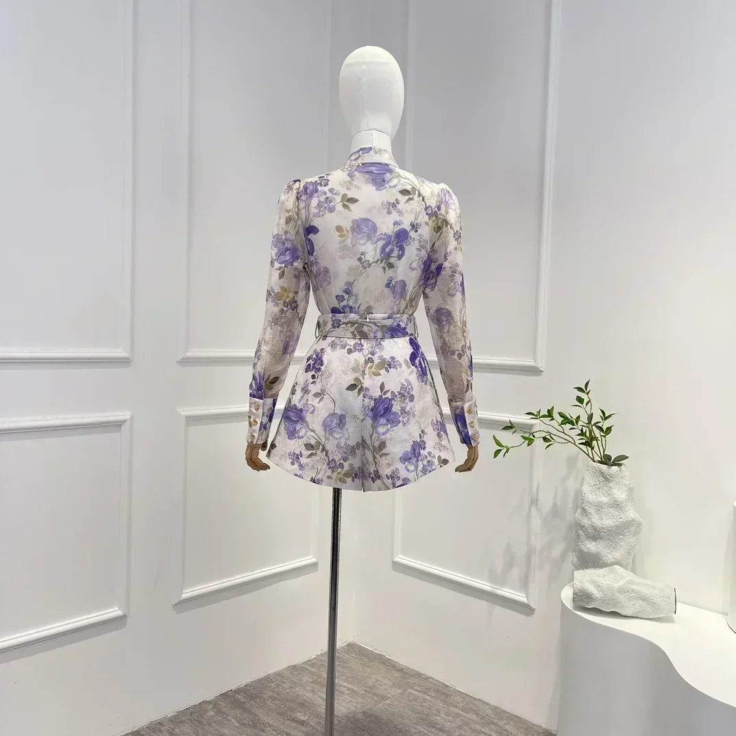 Purple Floral Printing 2023 New Summer Arrvals Linen Silk Vintage Casual Buttons Long Sleeve Blouse and Belt Shorts Woman Set