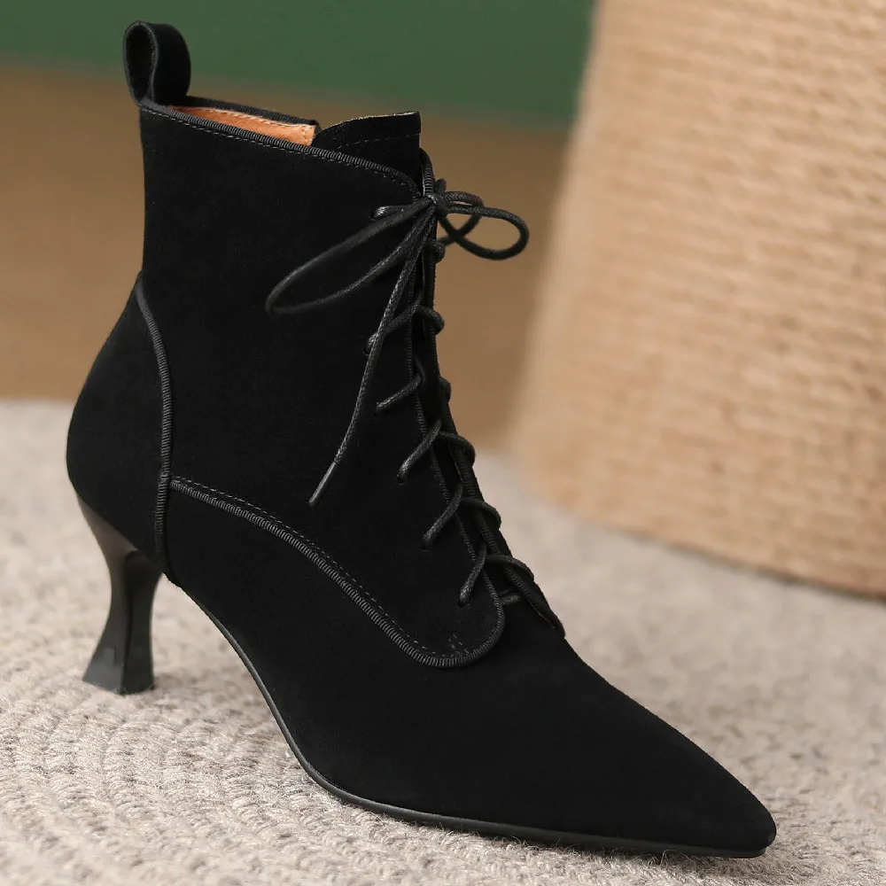 

Women's natural suede leather 6.5cm thin high heel pointed toe lace-up side zip autumn ankle boots elegant ladies short boots