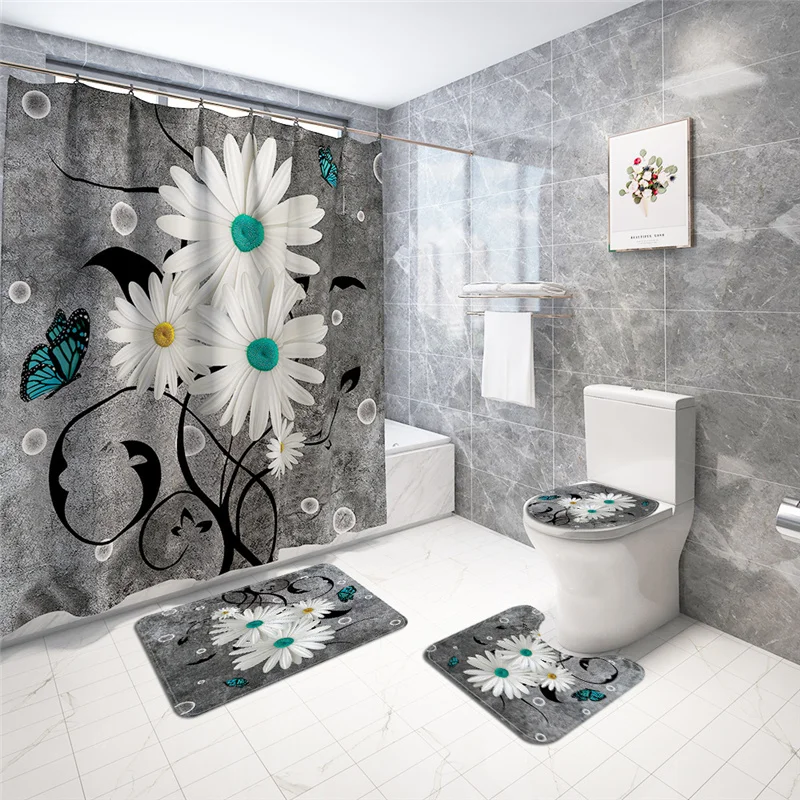 

White Daisy Print Home Decor Bathroom Toilet Cover Sets Waterproof Shower Curtain Mats Carpet Rugs Suits