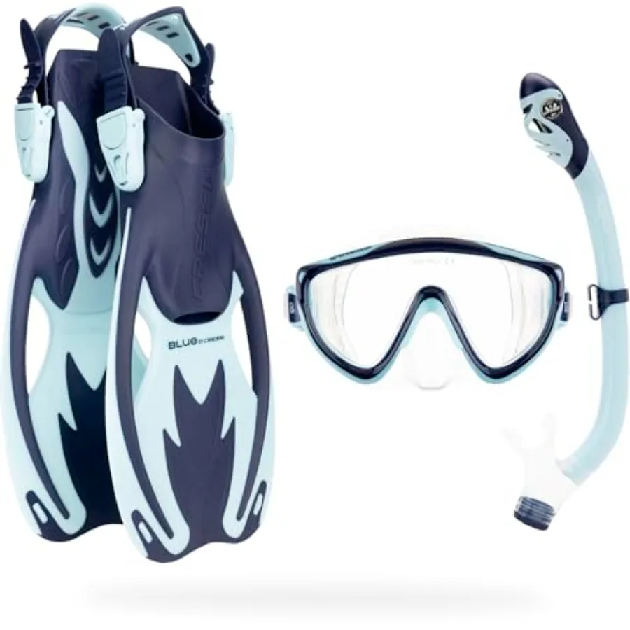 snorkeling set for beach and pool use: silicone mask dry snorkel short adjustable fins in bluelightweight leak-proof and comfor