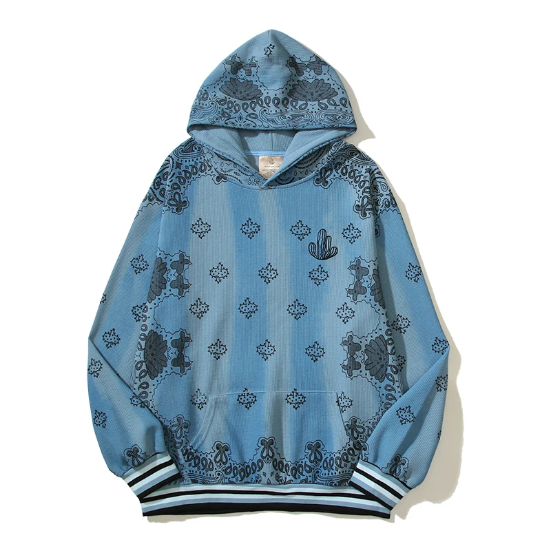 

High Street Mens Blue Hoodies Pullover Fashion 2023 Waffle Embroidered Cashew Flower Printing Cotton Hooded Hoodie for Men