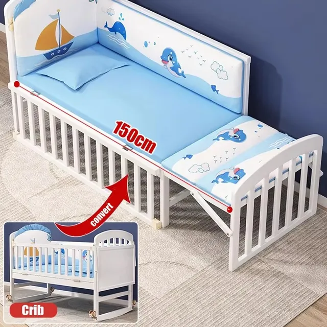 Wood Baby Crib With Mosquito Net And Diaper Table Convert To Kids Bed, Bedding Set, Baby Cot, Bed, Rocker Mattress 4