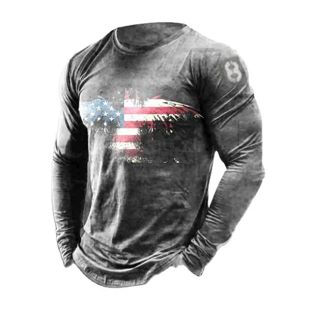 Spring Autumn Men's 3d Letter Print American Flag Long Sleeve T Shirt Street Trend O Neck 2022 Vintage Shirt Plus Size Pullover 7