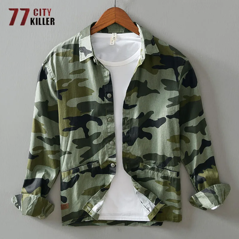 

New Camouflage Cargo Shirts Military Coats Mens Japan Style Harajuku Casual Cotton Lapel All-match Loose Long Sleeve Shirts Male