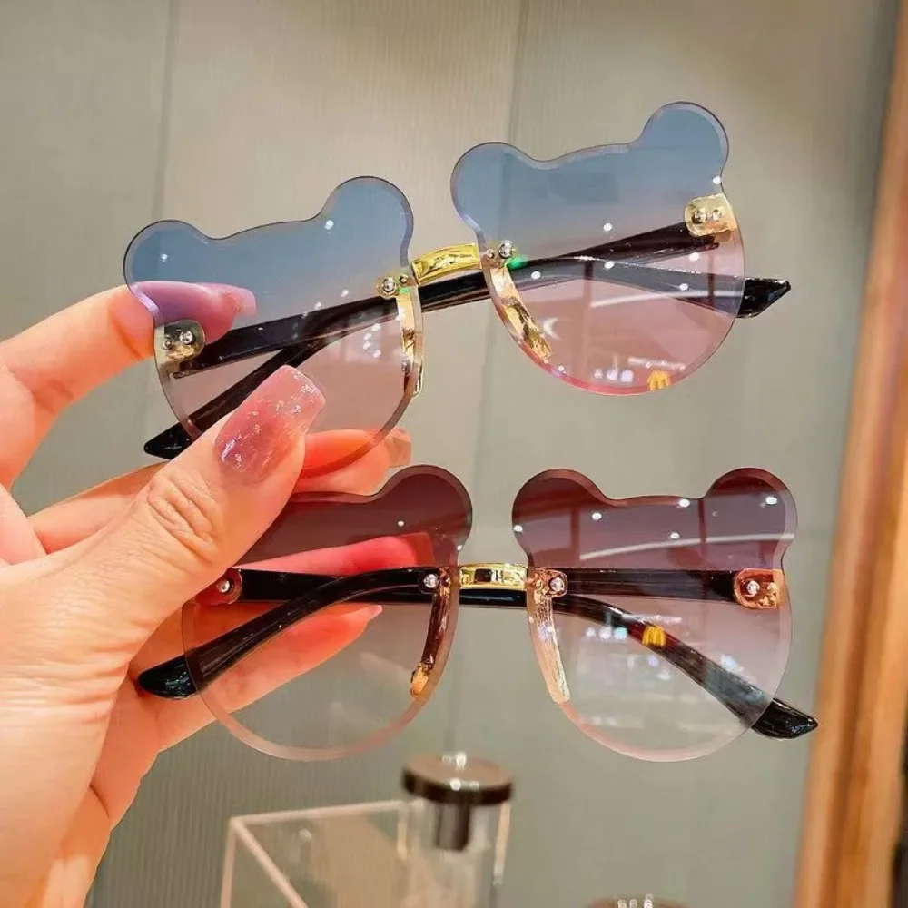 Girls Boys Cartoon Bear Rimless Sunglasses UV400 Children Retro Round Glasses Eyeglass Outdoor Infant Ultraviolet-proof 선글라스
