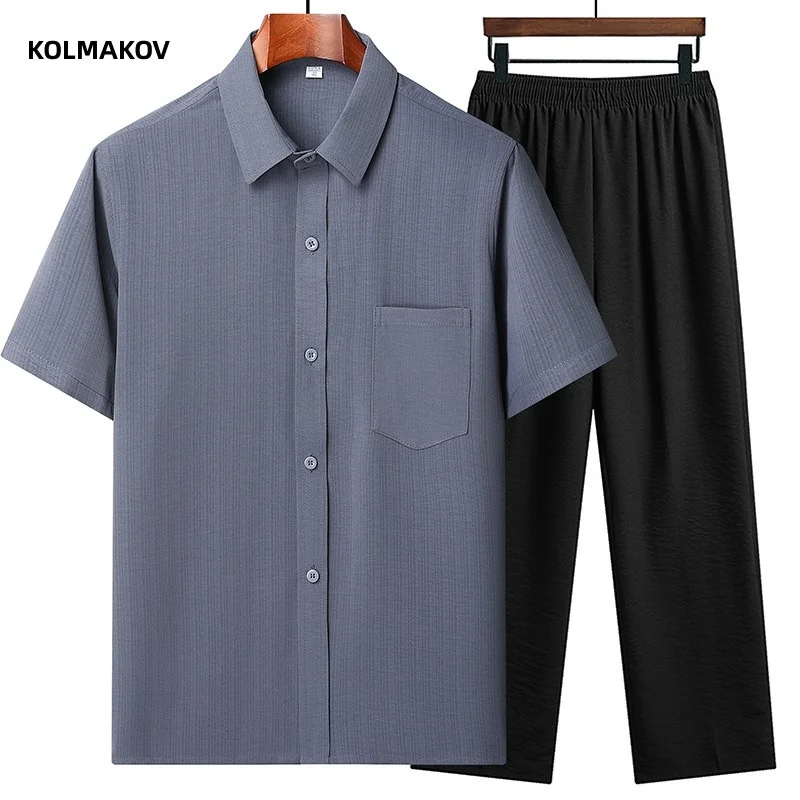 

(Shirt + trousers)2023 summer short sleeve mens shirt men's casual elastic waist shirts men Two-piece Suit size M-5XL TZ1202