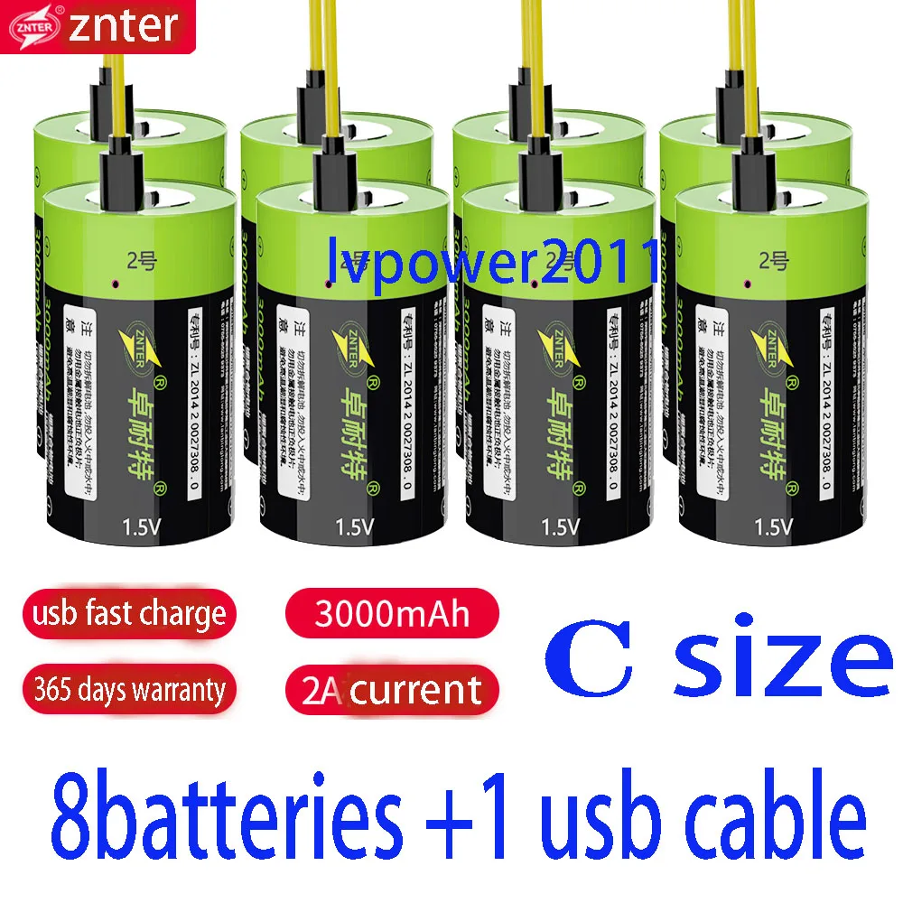 

8pcs New Arrival Reachargeable Lipo Battery ZNTER 1.5V 3000mAh Rechargeable C Size lr14 4500mwh Li-Po USB Battery +1 usb cable