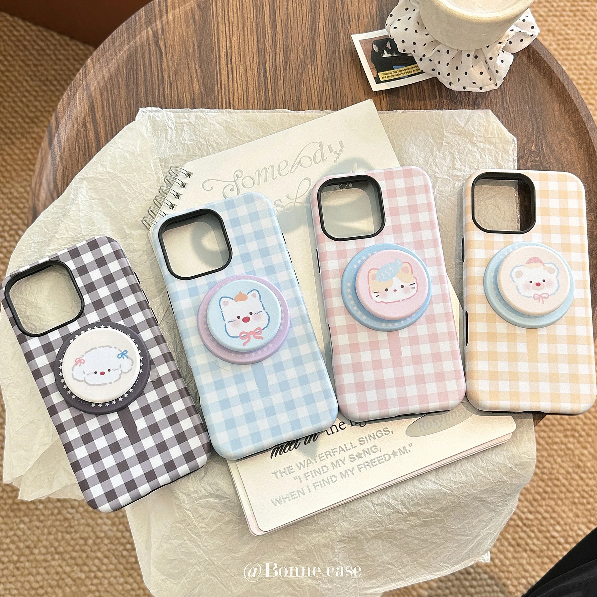 Korean Grid Pattern Cartoon Animals Magnetic Shockproof Phone Case Cover
