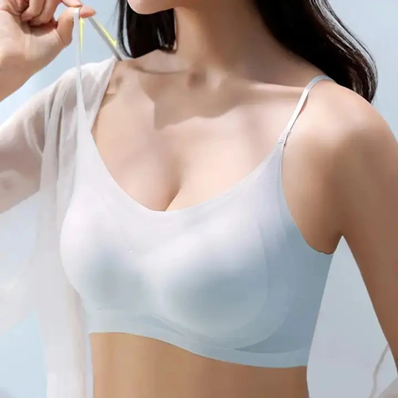 Reggiseno imbottito in seta di ghiaccio ultrasottile intimo senza cuciture fionda a sezione sottile da donna bella maglia posteriore top reggiseno piccolo per dormire sul petto grande