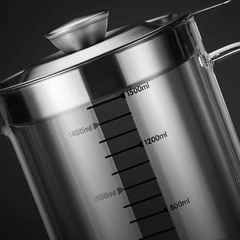 1L/1.5L Capacity Glass Oil Filter Heat-Resistant Household Oil Filter Container with Scale Fine Mesh Grease Container Kitchen