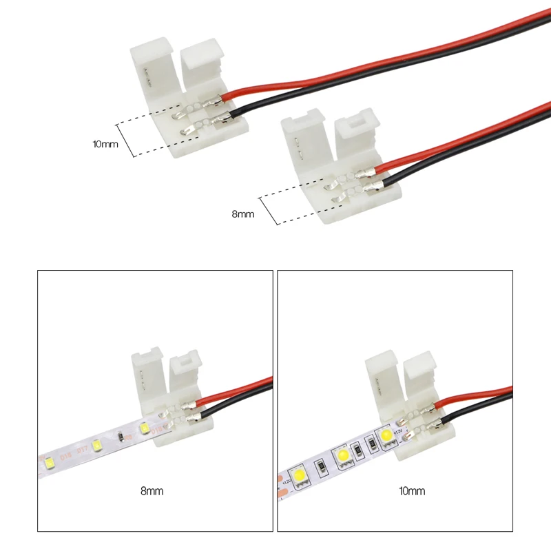 10PCS 2Pin Led Streifen Licht Anschlüsse 8mm/10mm Solderless Power Draht Stecker für 2835/5050 led Streifen Draht PCB Band 15cm