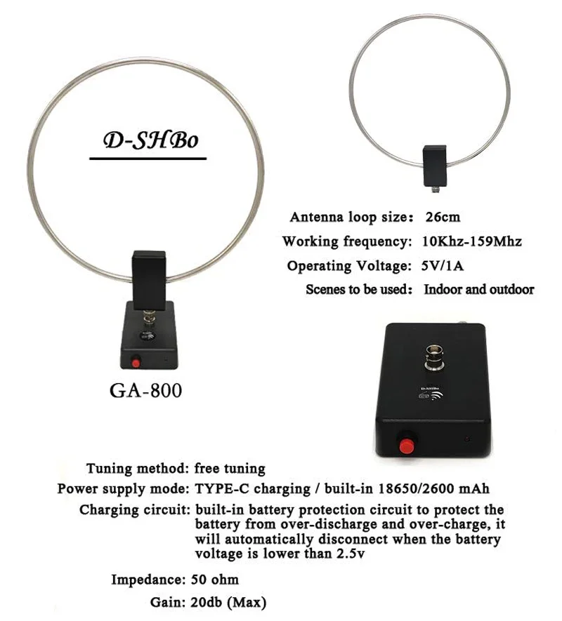 GA-800 다기능 활성 루프 안테나 라디오 단파 중파 안테나 10KHz-159MHz 항공 대역이 있는 고주파