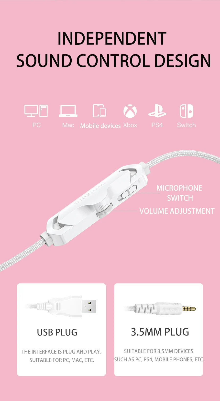 Headset Gamer ONIKUMA X10 Branco Rosa, Orelha de Gato destacável, Com fio, Microfone - ROLKO tech
