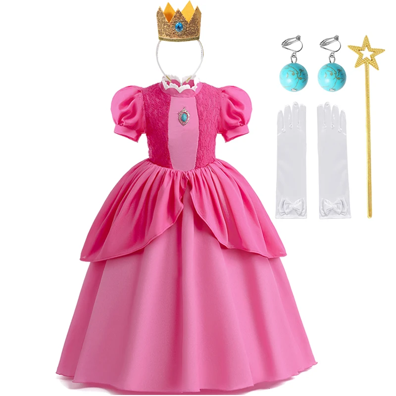 Peach Princess Cosplay Dress Girl Movie Role Playing Costume Birthday Party Stage Performace Outfits Kids Carnival Fancy Clothes