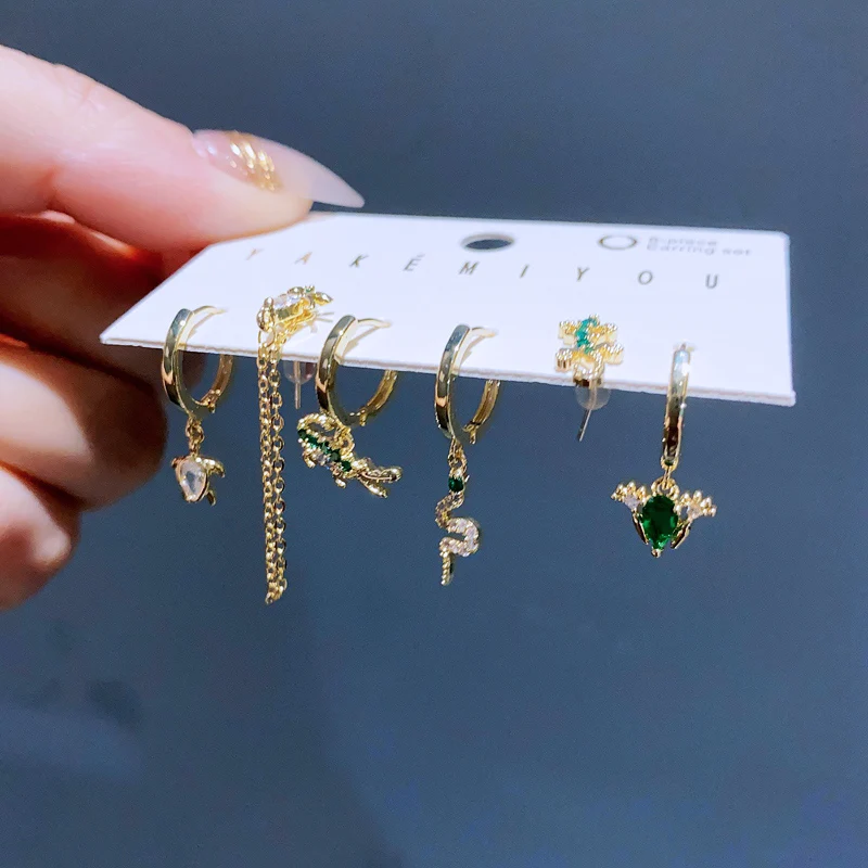 2023 New Design Cute Small Animal Pendant Dangle Earrings Set Gold Plated Green Cubic Zirconia Women Jewelry 4