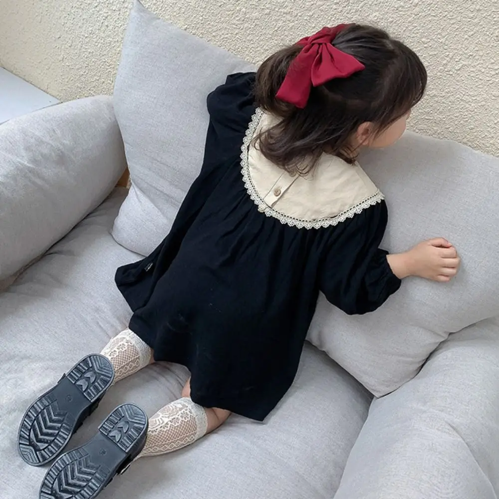 Embroidered Flowers Lace Princes Dress Pleated Loose Girls Long Dress Sweet Ballet Style Children Long Sleeved Dress Party