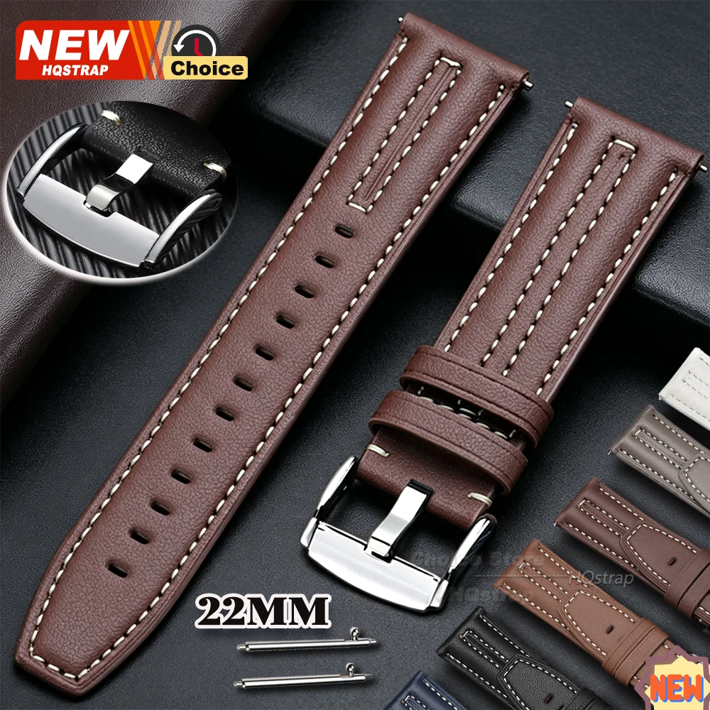 Vintage Handmade Leather Smartwatch Strap - Buckle & Stitching Design, 22mm Bracelet